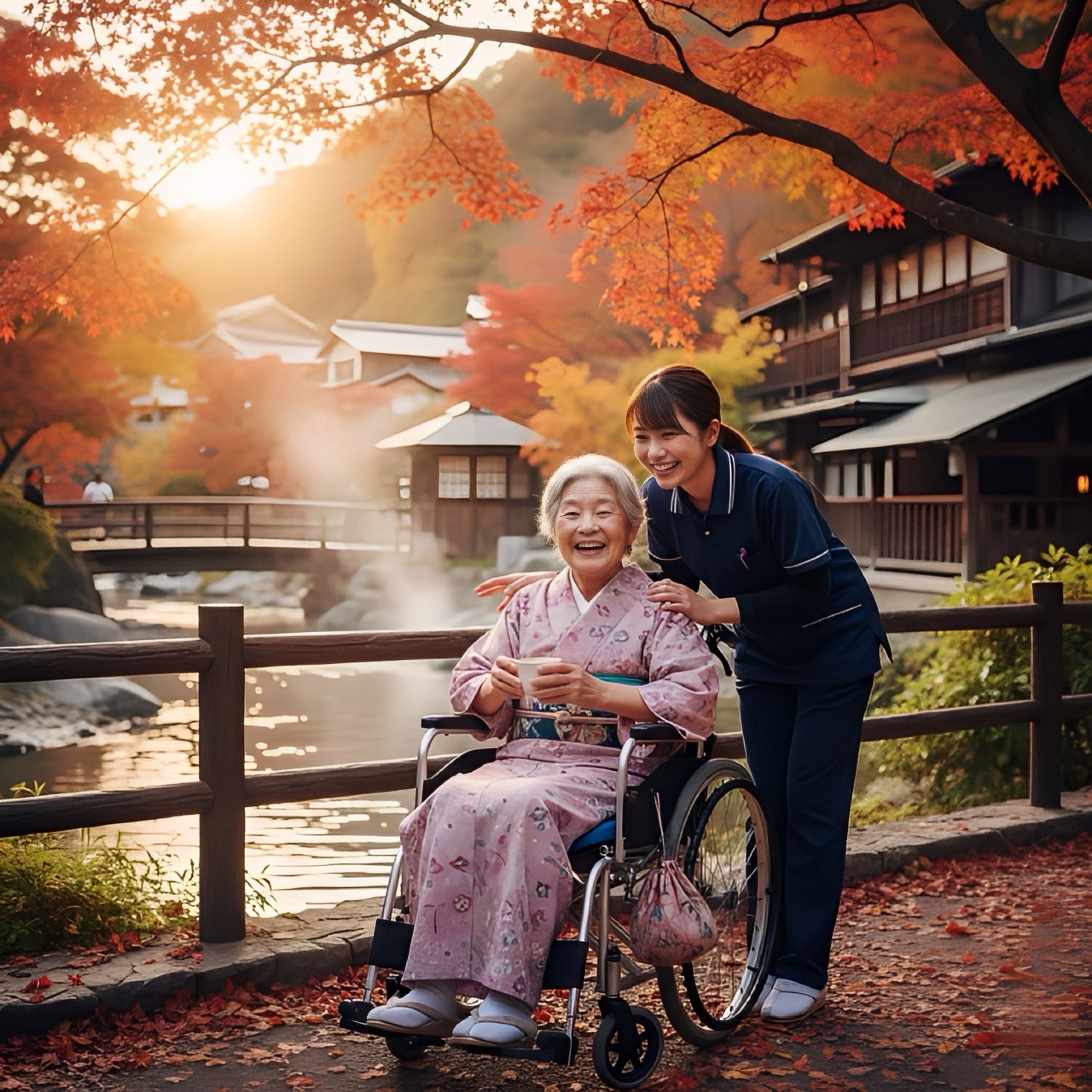 笑顔で旅行を楽しむ高齢者とスタッフ
